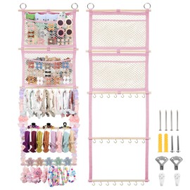 Headband Holder, 17x50in Bow Holder for Girls Hair Bows W/ 2 Mesh Pockets & 24 Metal Hooks, Baby Headband Bow Organizer, Wall Hanging Hair Accessories Storage for Toddler Room Nursery Decor(Pink)