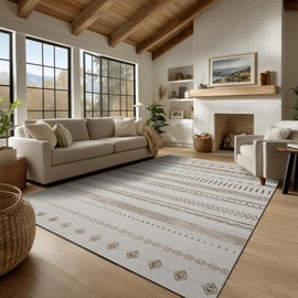 Washable Area Rugs 8x10, Large Rugs for Living Room, Carpet for Bedroom, Boho Soft Faux Wool Retro Dining Room (Beige) Rug, Non-Slip Backing Resistant Low Pile Vintage Print Rug for Home Office