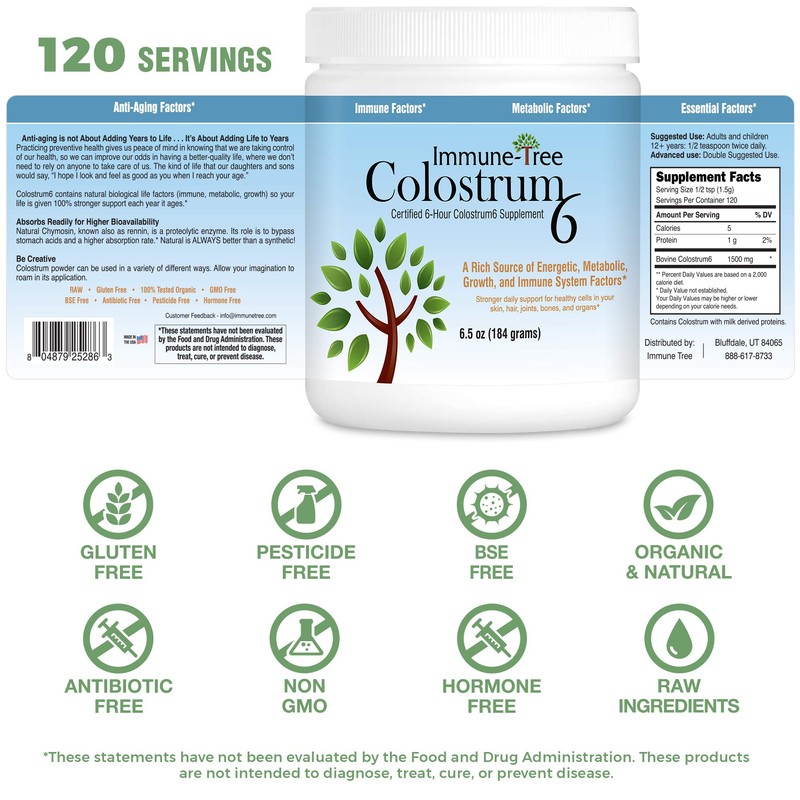Immune-Tree 100% Bovine Colostrum Powder, 120 Servings, 6.5oz, Supports Anti-Aging,