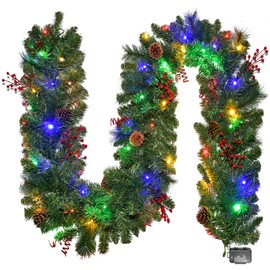 Christmas Garland with Lights 9FT, Battery Powered 50 LED Lights, 8 Lighting Modes, Red Berry, Pine Cone for Stairs, Front Door, Christmas Decor