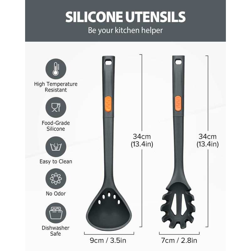 Silicone Pasta Fork and Ladle Spoon Set, Large Non Stick
