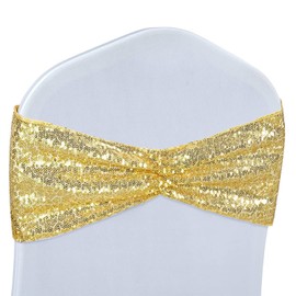 Poise3EHome Set of 50 Stretch Sequin Chair Sashes Bands Gold One-Sided Sequins Decorative Bows for Wedding Party Event Chair Covers
