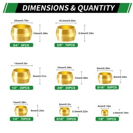 Japtend 325pcs Brass Compression Sleeves Ferrules Fittings Assortment Kit, 3/4" 5/8" 1/2" 3/8" 5/16" 1/4" 3/16" 1/8" 8 Sizes air hose ferrules kit of Air Water Fuel Oil Gas Tube Lines