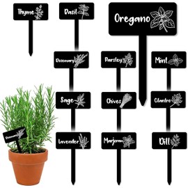 JarThenaAMCS - 24 etiquetas acrílicas para plantas, 12 estilos, marcadores de hierbas para jardín, color negro, impermeable, etiquetas tipo T, etiquetas de estaca para plantas con nombres para