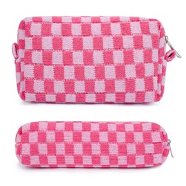 Plaid Makeup Bag Checkered Cosmetic Bag Pink Makeup Pouch 1Pcs Large Capacity Makeup Bags and 1Pcs Pencil Case Makeup Brushes Storage Bag Portable Travel Toiletry Bag Organizer for Women Girls