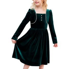 Sunny Fashion Girls Dress Green Velvet Christmas Pearl Long Sleeve Holiday Winter Size 8 Years