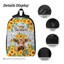 Luixdie Sunflower Highland Cow School Backpack 3pcs Bookbag with Lunch Box and Pencil Case for Boys Girls Kids Computer Laptop Backpack for Elementary Preschool Travel Outdoor Back to School Gifts