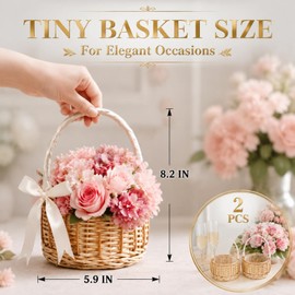 Lyellfe 2 Pack Rustic Elegant Wicker Rattan Basket with Handle Silk Ribbon, Decorative Eggs Candy Basket for Gifts, Wedding, Camping, Home Decor