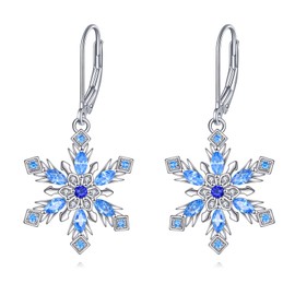 POPLYKE Snowflake Earrings 925 Sterling Silver Christmas Snow Flower Leverback Drop Dangle Earrings Snowflake Jewelry for Women
