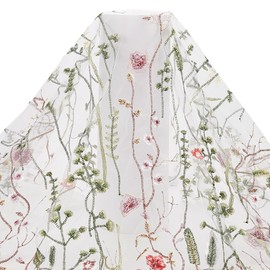 HOBBIESAY 2 Yards Flower Mesh Tulle Fabric 51.18 Inch Colorful Floral White Lace Fabric Polyester Embroidered Mesh Fabric for DIY Clothing Dress Design Women Gown Wedding Dress Curtain Decor