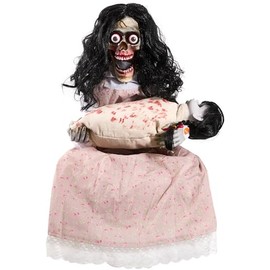 Animatronics de Halloween Espeluznante esqueleto sentado y muñeca decoraciones animadas con sonido y sensor activado, sonido, ojos iluminados, movimiento aterrador, decoración de día festivo de casa
