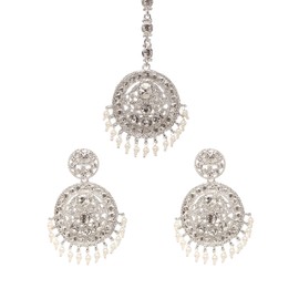 Bindhani Rhinestone & Faux Pearl Drop Round Head Piece Maang Tikka With Indian Earrings For Women (Silver)