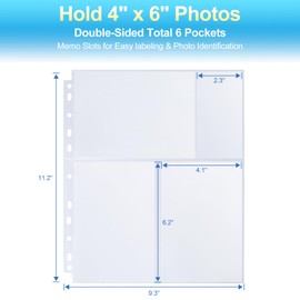 60 Pack 4x6 Photo Album Refill Pages for 3 Ring Binder,Ultra-Clear Photo Sleeves Holding 360 Pictures, Double-Sided 3 Pockets Photo Pages with Memo Slot,Photo Sheet Protector for Photos and Postcards