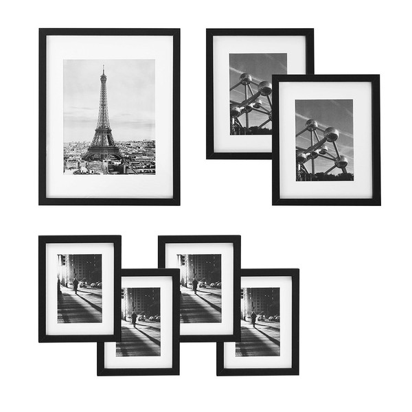 SONGMICS Gallery Wall Frame Set, Multi Picture Frames Set of 7, One 11x14, Two 8x10, Four 6x8 Collage Photo Frame with White Mat, Glass Front, Hanging or Tabletop Display, Black