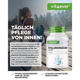 Hyaluronsäure - 120 Kapseln mit 500 mg Hyaluron für 4 Monate – 500-700 kDa – Aus pflanzlicher Fermenation - Ohne unerwünschte Zusätze, hochdosiert, vegan