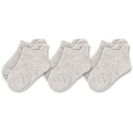 DEFAHN 3 Pairs Toddler Ankle Socks Non Slip Cute Crew Anti Skid Socks with Soft Cotton for Toddler Infant Kids 0-3 Years (Grey,24-36M)