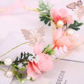 IYOU Wedding Flower Headband Set Pink Floral Crown Hair Wreath Pearl Bride Bridesmaid Hair Accessories with Wristband for Women and Girls