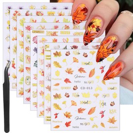 8 Sheets Autumn Nail Stickers for Nail Art Bronzing Maple Leaves Nail Art Stickers Ginkgo Pine Cones Autumn Fruits Nail Decals 3D Self-Adhesive Fall Maple Leaf Nail Decoration for Women Nail Designs