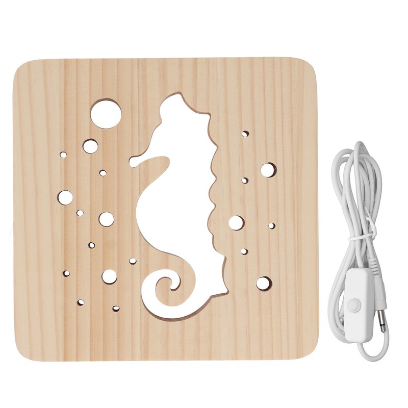 Wooden 3D LED Light Hollow Seahorse Pattern USB Power Supply
