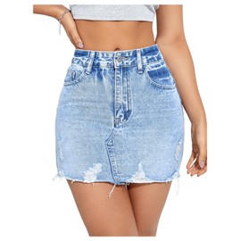 SweatyRocks Women's Casual Ripped Jean Skirt High Waist Raw Hem Mini Denim Skirts Light Blue S