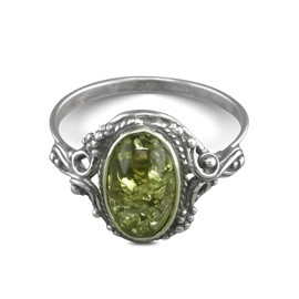 Designer Inspirations Boutique Vintage Oval Baltic Amber Sterling Silver Ring in Ornate Victorian Setting for Women Ladies Girls - Green Amber Jewellery - Size R