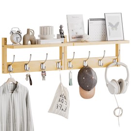 STELLSTAR Coat Rack with Shelf, 2 Pack Bamboo Wall-Mounted Coat Hanger with 8 Hooks for Entryway, Hallway, Kitchen, Bathroom, Living Room, Utility Room (Natural)