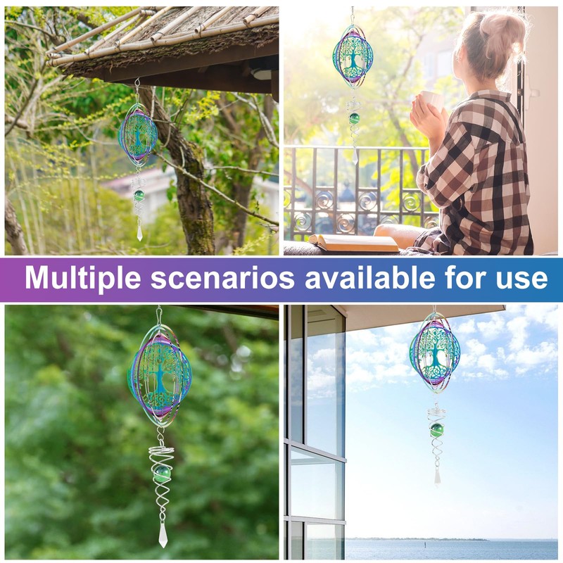 Stainless Steel Hanging Wind Spinner, 3D Rotating Wind Chimes, Tree