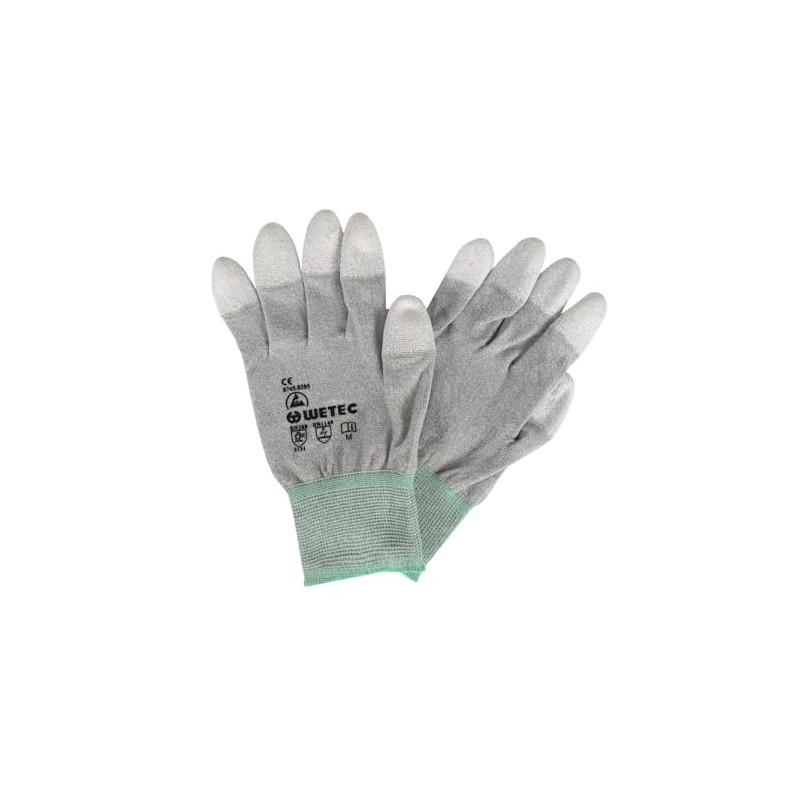 Wetec ESD Gloves, PU-Coated Fingertips, M, Carbon Thread (Protective Glove,