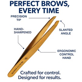 Beauty Power Slant Tip Precision Tweezers - Stainless Steel Eyebrow Tweezers for Women & Men - Precision Tweezers for Facial Hair, Ingrown Hair & Brow Shaping - Professional Beauty Tool (Matte Gold)