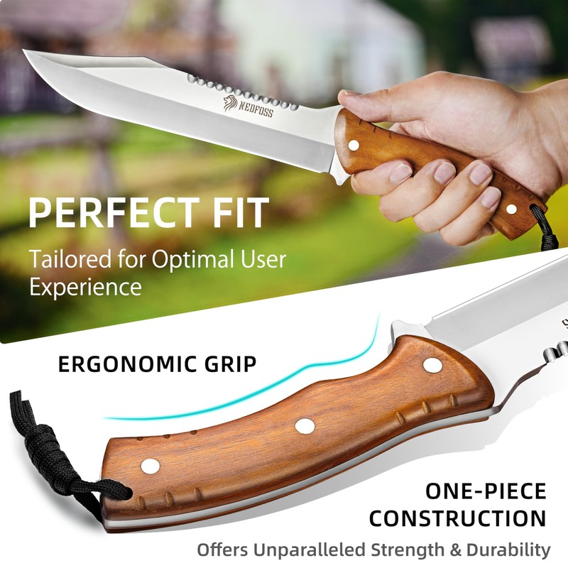 NedFoss 13.5" Machete Knife with Leather Sheath, Strong 8Cr14Mov Steel