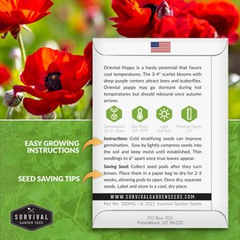 Survival Garden Seeds 5 Packs Oriental Poppy for Planting - Seed Packet with Instructions to Grow Papaver Orientale in Your Home Flower or Vegetable Garden - Non-GMO Heirloom Variety