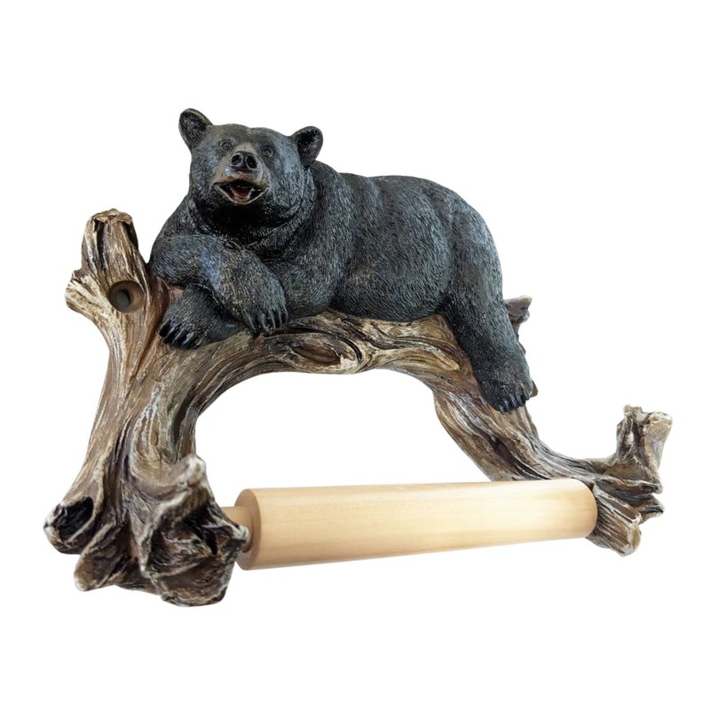 Rustic Cabin Style Black Bear on Log Toilet Paper Holder
