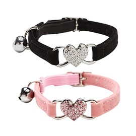 WDPAWS Heart Bling Cat Collar with Safety Belt and Bell Adjustable 8-10 inches for Kitten Cats (Black+Pink)