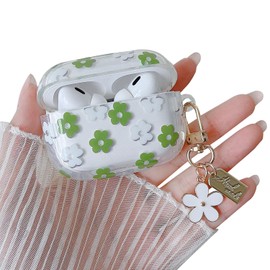 MINSCOSE Compatible with AirPods Pro Clear Case,Cute Cartoon Flower Pattern Design with Floral Keychain, Soft TPU Protective Shockproof Case for AirPods Pro for Girls Women-Green