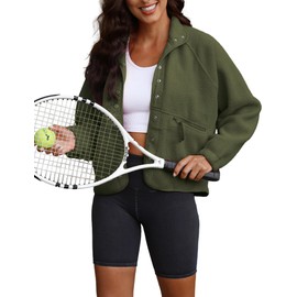 ReachMe Womens Sherpa Jacket Casual Lapel Button Down Cropped Fuzzy Fleece Jackets Long Sleeve Winter Coats with Pockets(3 Army Green,L)