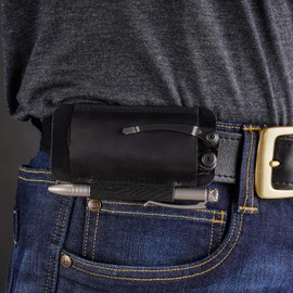 VIPERADE PJ33 Leather Knife Sheath for Belt, Horizontal Carry Pocket Knife Holster with Elastic Pen Holder, Leather Folding Knife Sheath for Men (Black)