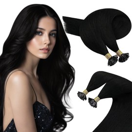Sunny Hair Flat Tip Hair Extensions Human Hair Keratin Hair Extensions Invisible Fusion Hair Extensions Human Hair Real Hair Extensions for Women 50G/50S Black 24inch