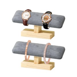 TINGSING Wooden Watch Stand, T Bar, Bracelet Holder, Stand, Faux Suede, Jewellery Organiser with Wooden Base, Watch Stand for Men and Women, for Storing Watches, Bangles, Grey, 2