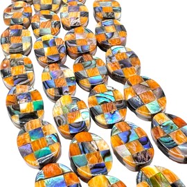 AlohaGemsUSA Spiny Oyster & Abalone Shell Beads - Native American Style (Handcrafted Mosaic Inlay Artistry with Meticulous Workmanship) Oval 15X20mm (Full Strand 16 Inches - 18 Beads)