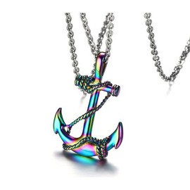 JAJAFOOK Mens Womens Vintage Rainbow Stainless Steel Anchor Charm Pendant Necklace