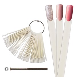 Beauticom 50 Piece Plastic False Nail Tip Sticks Chart Fan with Metal Ring Holder and Screw for Nail Polish Swatch, Practice Nail Art Design and Pattern Display Tool (Natural)