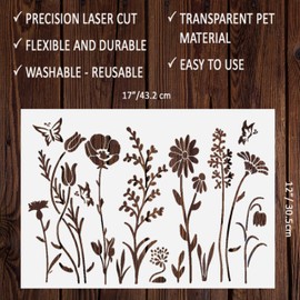 DLY LIFESTYLE Large Wildflower Stencil for Painting (17x12 Inches) - Stencils for Crafts Reusable for Canvas, Fences, Fabric, Furniture - DIY Wall Stencils for Painting Large Pattern