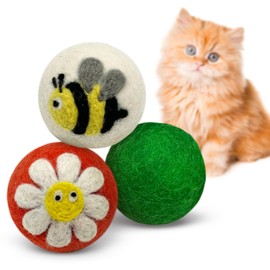 Hustle & Blush Love Ewe Felted Cat Toys 3 Pack - 2 Inch Flower & Bee Hand Made Cute & Fun Design Kitten Wool Felt Balls for Indoor Play & Exercise - 100% New Zealand Handmade Felted Balls