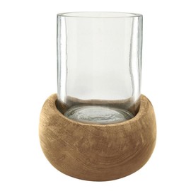 47th & Main Mango Wood and Glass Hurricane Candleholder, Medium 6" Tall x 4.5" Diameter