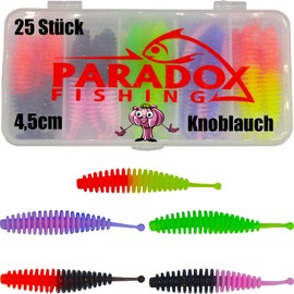 Paradox Fishing Trout Bait Rubber Set 4.5 cm with Box 25 Pieces I UV Trout Bait Rubber Bait Trout Fishing Spoon Set Trout Dough Spoons Trout (Garlic)