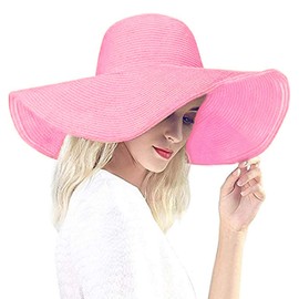 Baonmy Sun Hat for Women Ridge Wide Brim Sun Hat Beachwear Summer Straw Hat UV Protection Pink