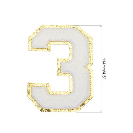 MECCANIXITY Chenille Number 3 Patches 4-1/2 Inch Height Iron on Number 3 Patches Golden Glitter Embroidered Patches for Clothing, Shoes, Hats, Backpacks Pack of 3(White)