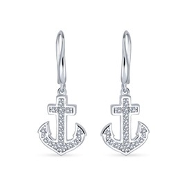Summer Fun Nautical Tropical Vacation Memento Boat Anchor Dangle Earrings, Pave Cubic Zirconia CZ Accents, .925 Sterling Silver for Women and Teens
