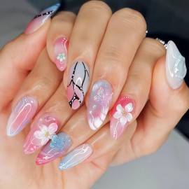 24Pcs Pink Blue Press on Nails Medium Almond Fake Nails Reusable False Nails with 3D Flower Butterfly Design Full Cover Artificial Glue on Nail Spring Summer False Nails Cute Stick on Nails for Women