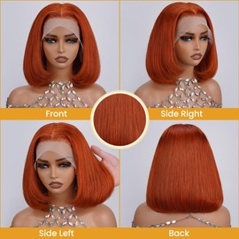 TONGMAY Ginger Bob Wig 8 Inch Glueless Wigs Human Hair Pre Plucked 180% Density Short Straight Ginger Frontal Bob Wig for Women 13x4 HD Lace Front Wigs Human Hair